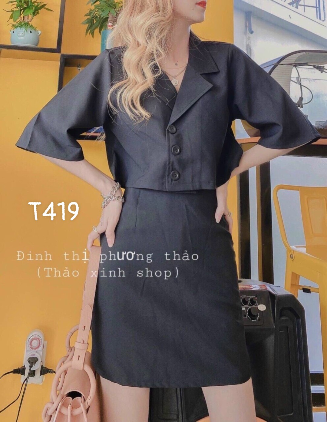 Set áo vest kèm chân váy váy có túi vải cao cấp T419