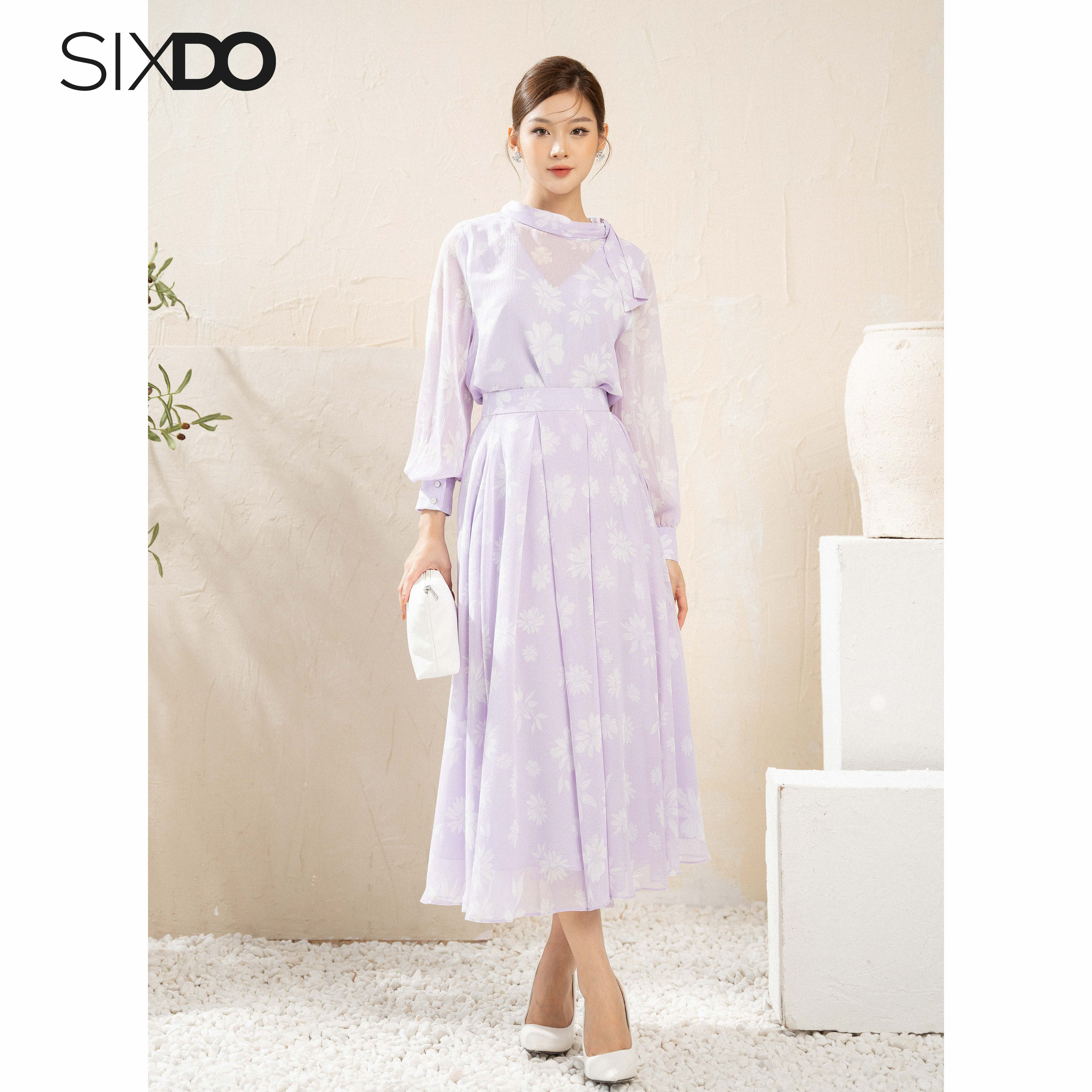 Chân váy voan hoa xếp ly SIXDO (Pleated Floral Midi Voile Skirt)