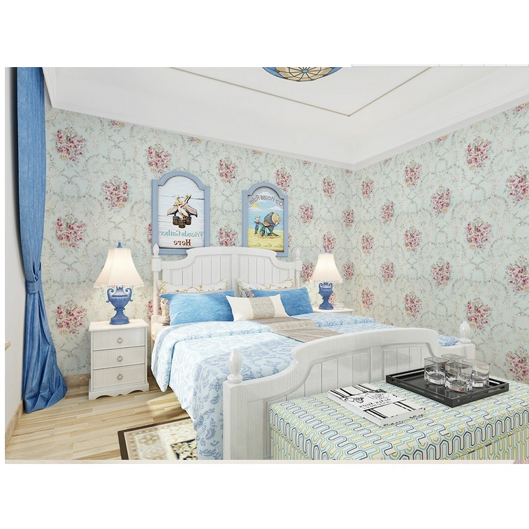 Decal giấy dán tường hồng chùm cổ điển xanh (khổ rộng 0.45m)