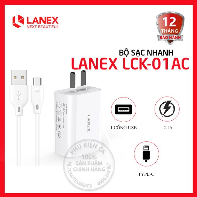 Bộ sạc nhanh Type-C 1 cổng USB 2.1A Lanex LCK - 01AC dài 1m - Dành cho điện thoại Android