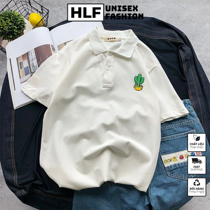Áo polo thun cổ trụ thêu cây xương rồng áo thun size có cổ HLFashion