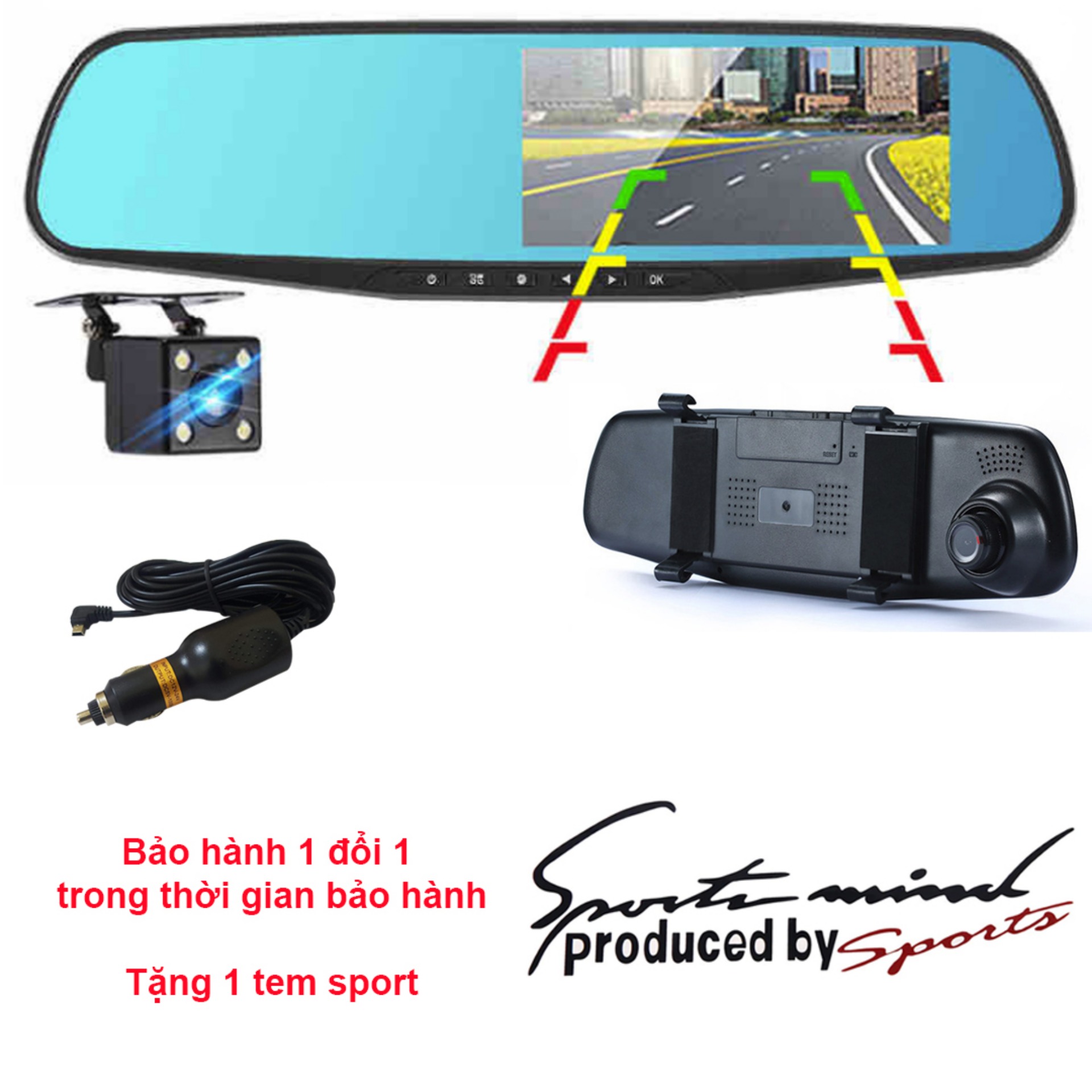 Camera hành trình ô tô kẹp gương chiếu hậu, màn hình 4.3inch, Kèm camera lùi Vehicle BlackBox, ghi hình fullHD 1080