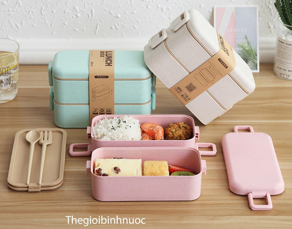 HỘP ĐỰNG CƠM 3 TẦNG LÚA MẠCH cho sinh viên,học sinh ,công sở,đi lm công nhân tiện ích (tặng kèm muỗng & nĩa)