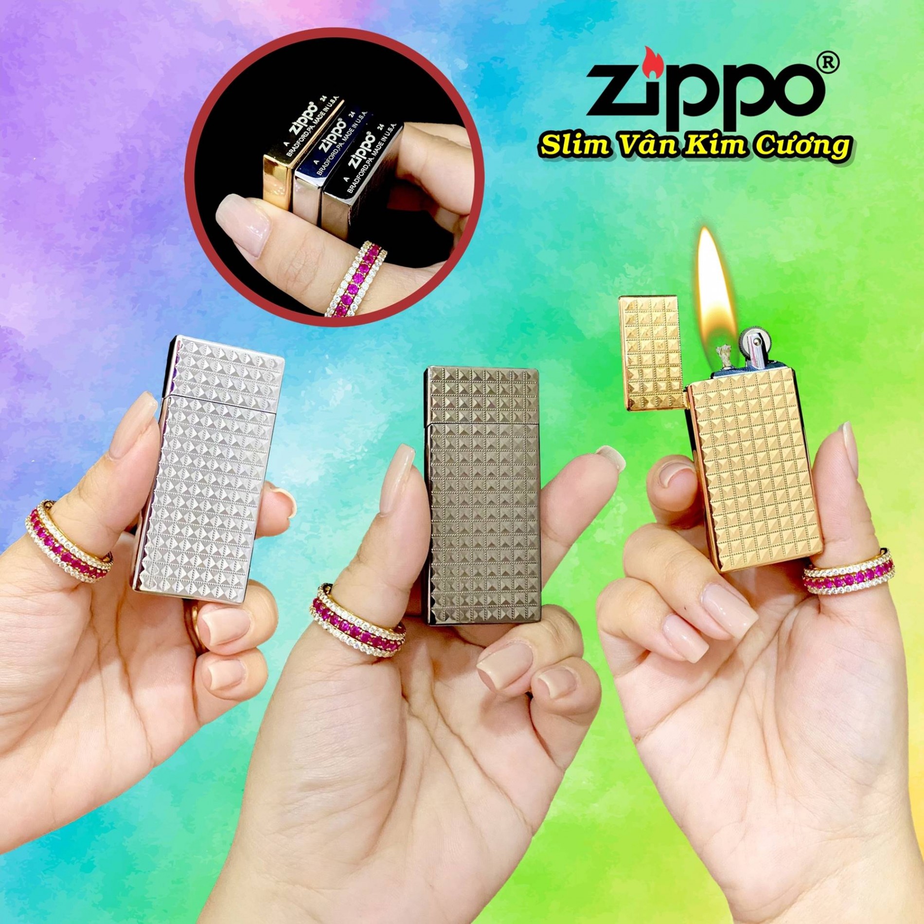 bật lửa zippo vân kim cương slim - xài gas