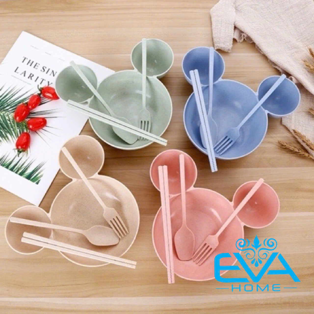Bộ Chén Bát Ăn Dặm Hoạt Hình 3 Ngăn Kèm Đũa Muỗng Nĩa Cho Bé Chất Liệu Nhựa Lúa Mạch An Toàn Chịu Nhiệt Cao