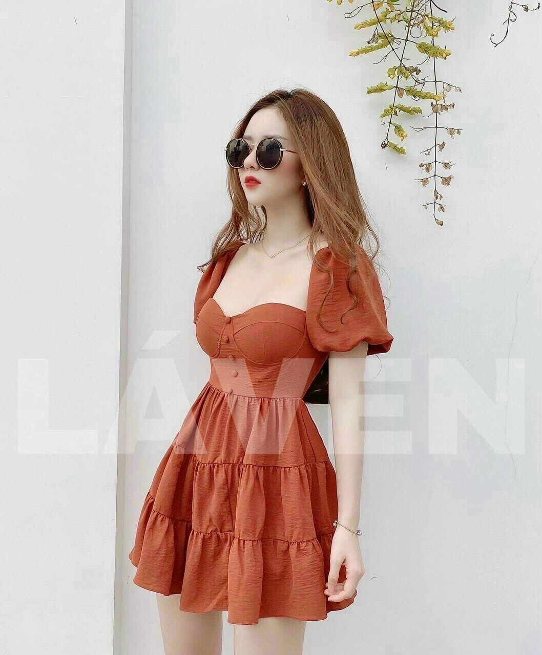 Đầm xòe tay phồng quá đẹp 2 màu y hình chất đũi cao cấp qcs