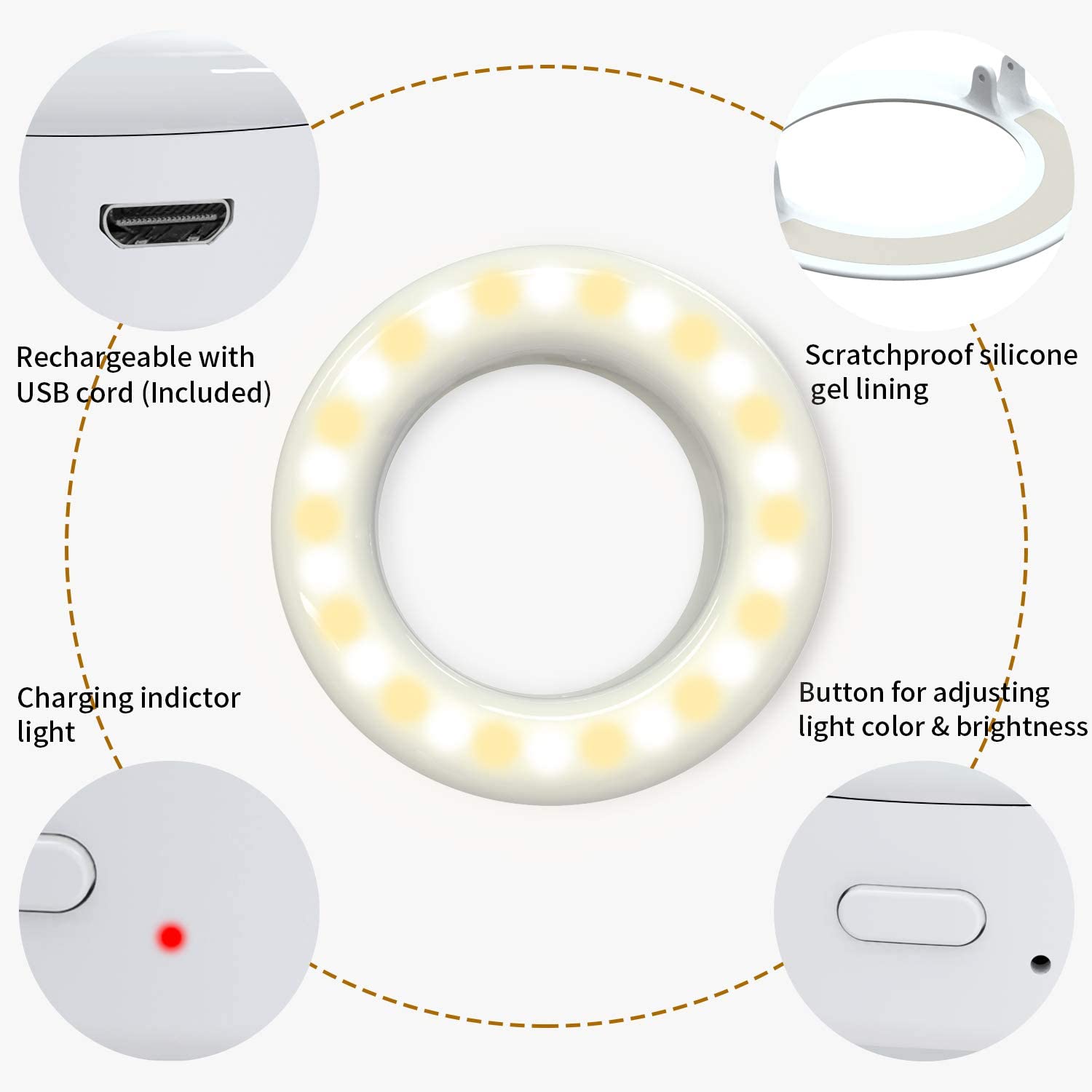 KIPRUN Selfie Ring Light [3 Light Modes] [Rechargeable], Clip on Phone Camera LED Light, Adjustable Brightness Selfie Circle Light for iPhone X Xr Xs Max 7 8 Plus 11 Pro Android iPad Laptop