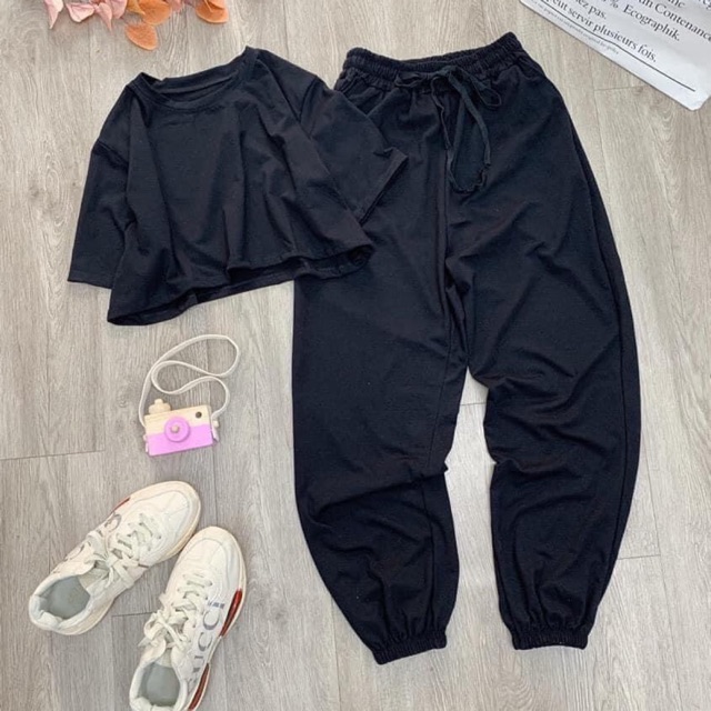 Sét áo Croptop trơn + quần bom trơn , Áo thun nam nữ, quần kaki, quần nữ, sét bộ mặc ở nhà, áo thun tay dài, quần jean ống rộng - FANI