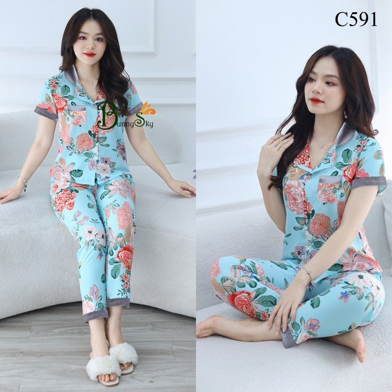 Đồ bộ mặc nhà, quần áo nữ mẫu pizama lụa, chất lụa mềm mịn nhiều mầu để lựa chọn