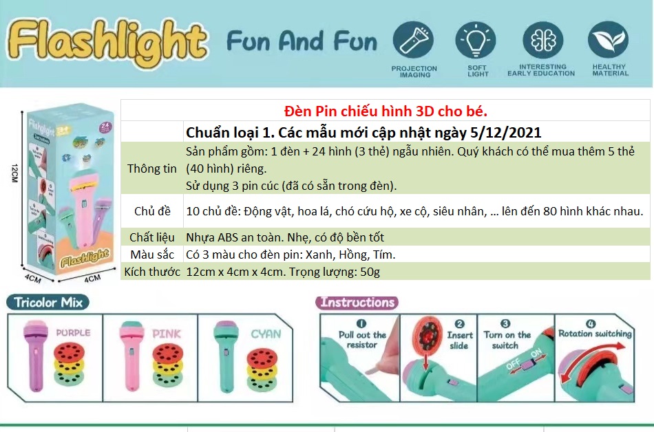 Đèn Pin hình chiếu 3D thông minh 24 -48 hình cho bé sẵn pin