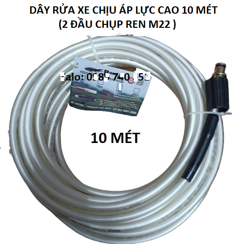 Dây rửa máy rửa xe chịu áp lực cao dài 10m hai đầu ren to d22mm