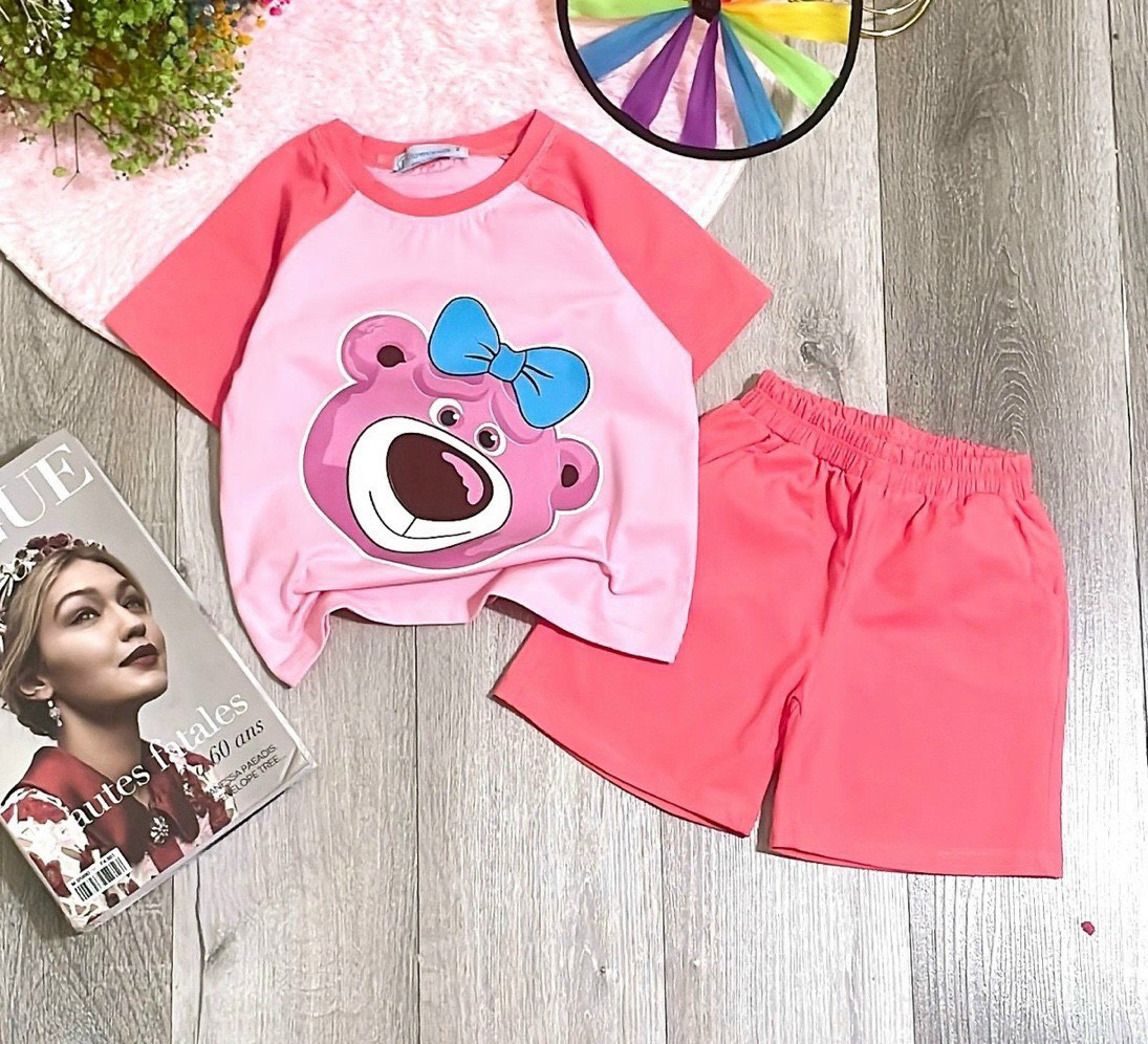 Bộ đồ bé gái hàng việt nam giá tận xưởng chất thun có giãn 4 chiều ,thấm hút mồ hôi kiểu dáng dễ thương in GẤU NƠ phối raplang từ 7kg đến 25kg