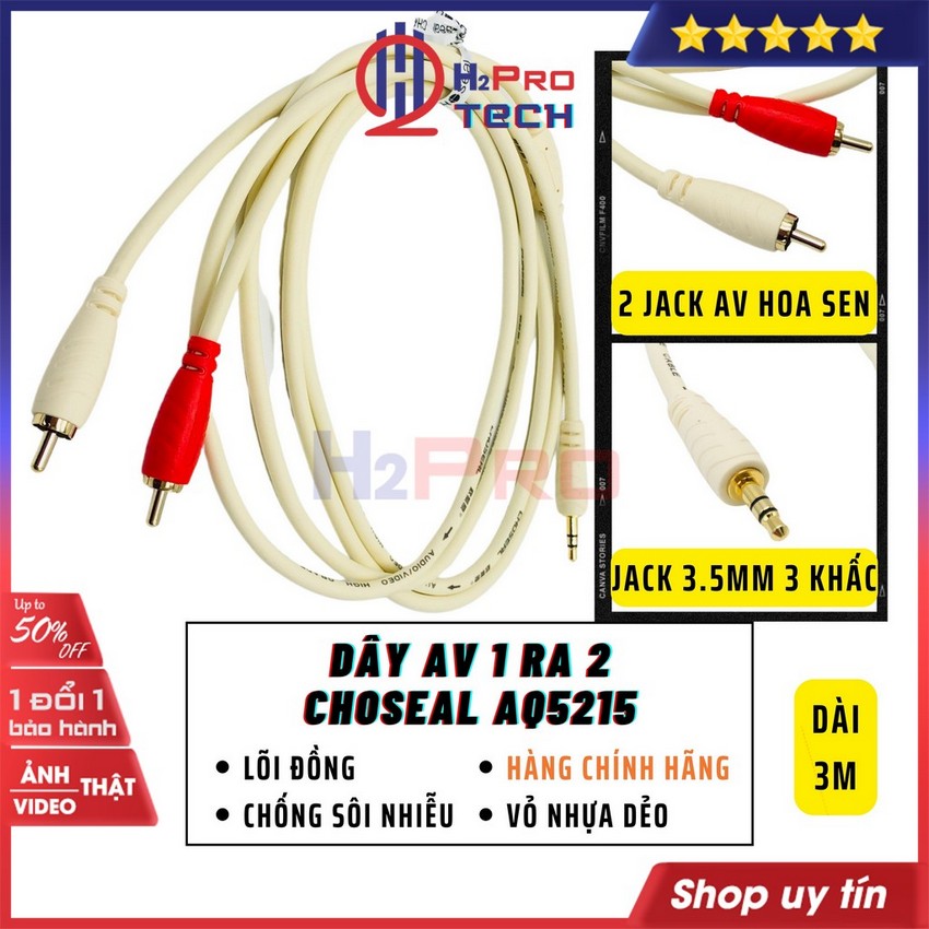 Dây Av 1 Ra 2 Choseal AQ5215, Dây Loa 1 Đầu 3.5 Ra 2 Đầu Av Cao Cấp Dài 1.8M, 3M, 5M, 10M, Chống Sôi, Nhiễu-H2Pro Tech