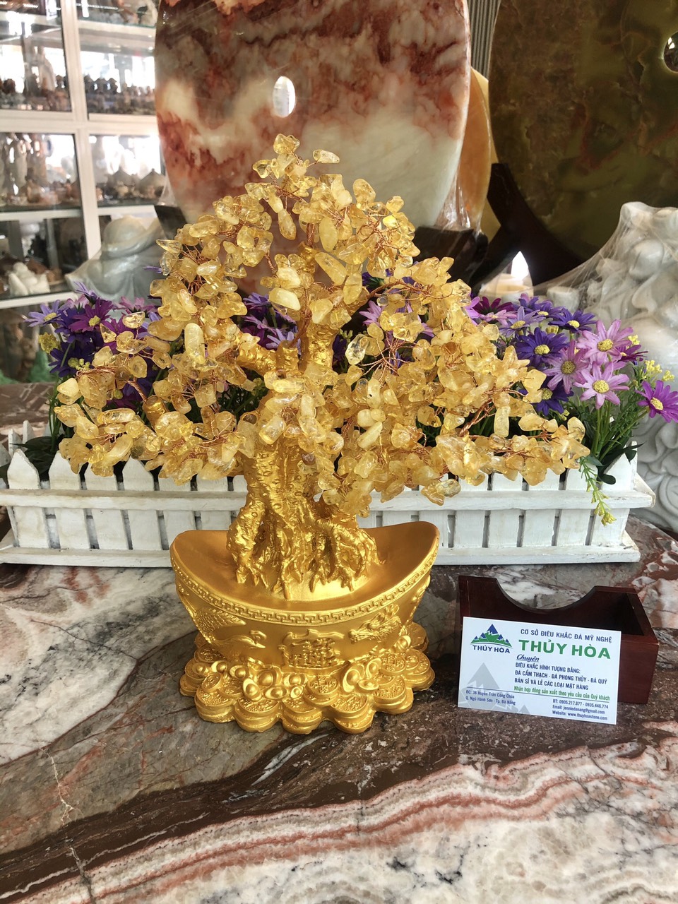 Cây Tài Lộc phong thủy đá thạch anh vàng với đế hình thỏi vàng thần tài - Cao 30 cm