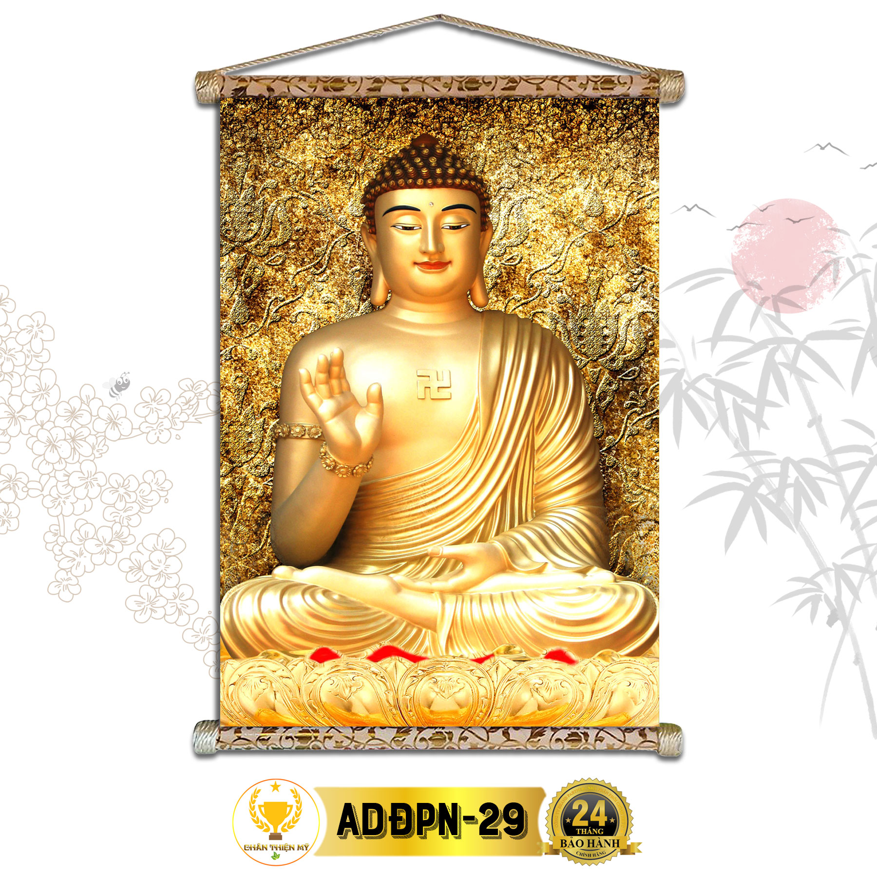Tranh phật treo tường phật a di đà ngồi chân thiện mỹ, chất liệu vải lụa kim sa khung gỗ 40x60cm adđpn-37