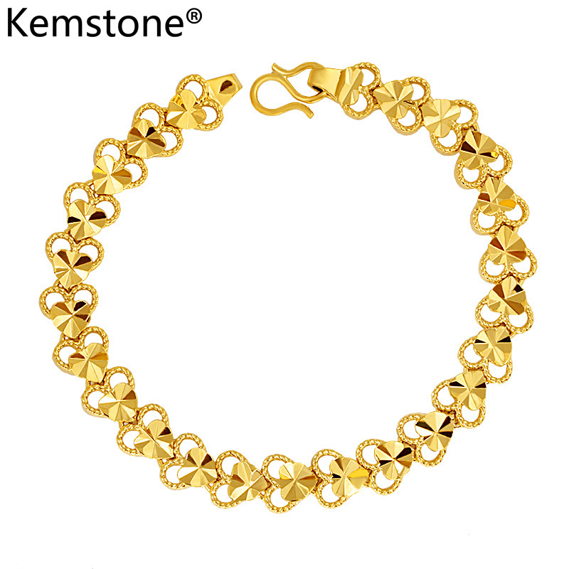 Kemstone 24K Gold Plated Copper Fashion Alluvial Gold Heart Shape Link Bracelet Wedding Jewelry Gift for Women Girls