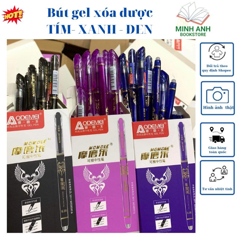 Set 12 Bút Gel tẩy xóa được mực tím, xanh, đen, hộp 12 chiếc loại đẹp
