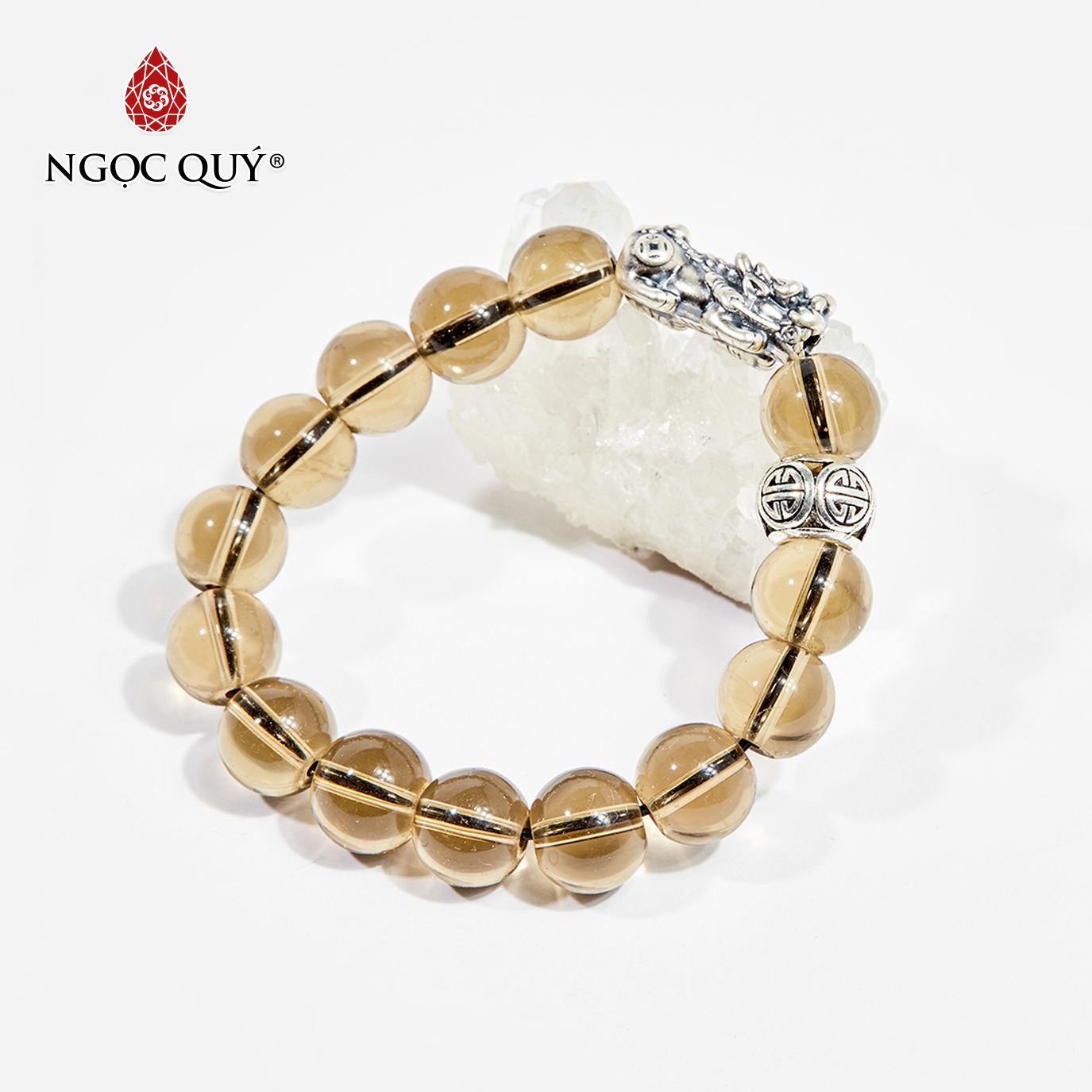 Vòng tay đá thạch anh khói charm tỳ hưu bạc mệnh thổ kim 12mm - ngọc quý gemstones