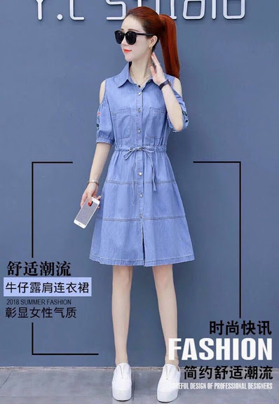 ĐẦM JEAN THÊU HOA EO RÚT