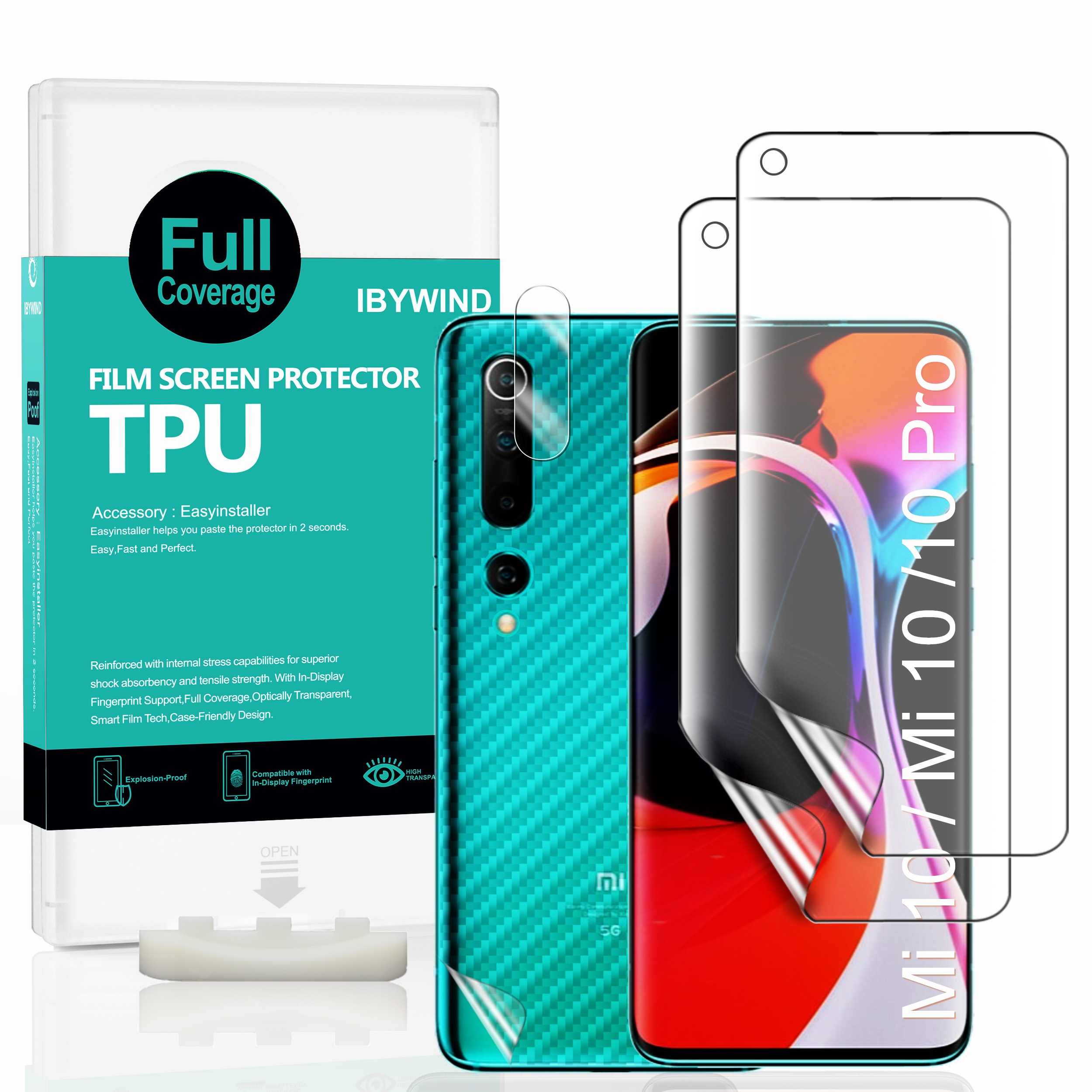 Ibywind Clear TPU Film Screen Protector For Xiaomi 10 /Xiaomi  10 Pro [2PCS Pack],[Camera Lens Protector][Back Carbon Fiber Film Protector] [In-Display Fingerprint Support][Case Friendly] [Bubble Free]