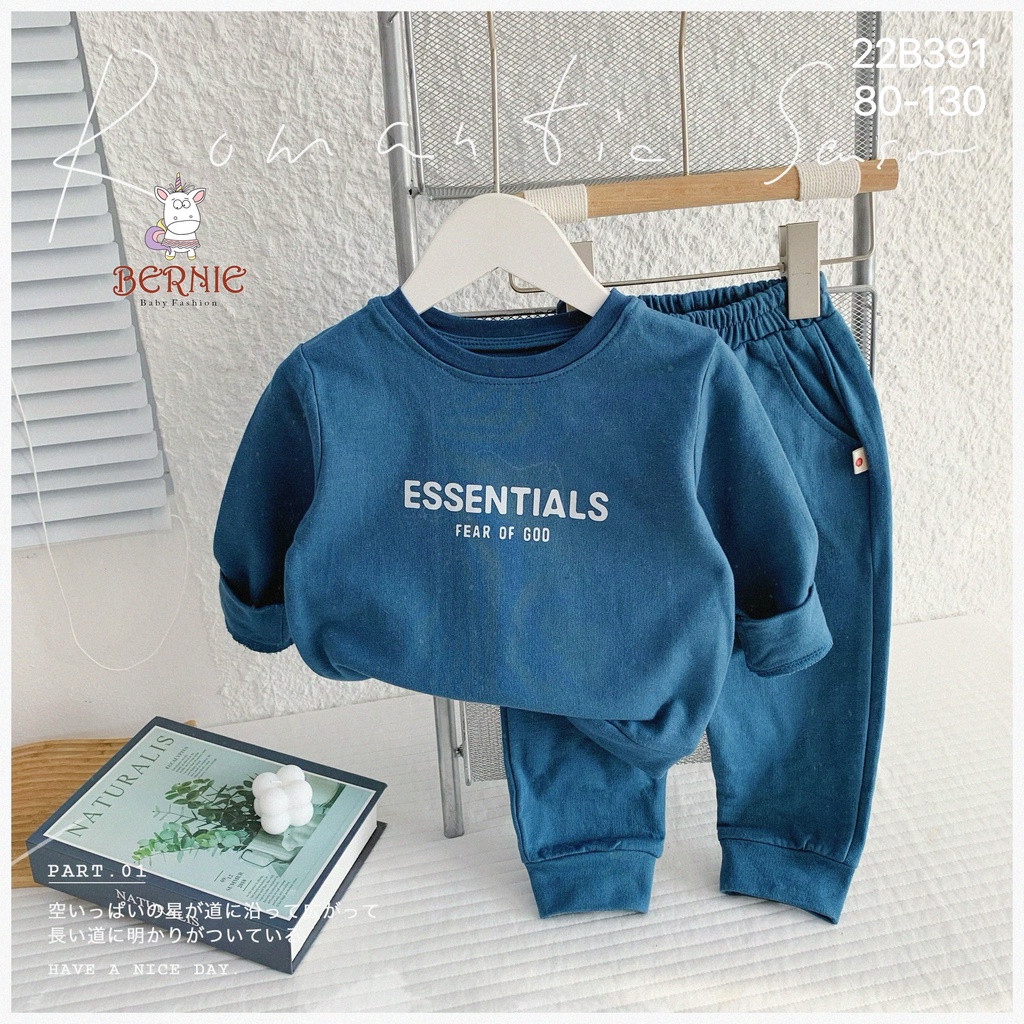 Bộ thun da cá unisex trơn màu cho bé, bộ thu đông dài tay cotton nỉ da cá dày dặn Bernie