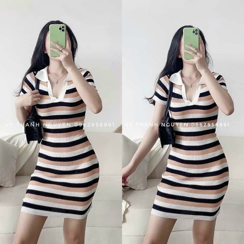 Váy Len Tăm Body Nữ Cổ Đức Kẻ Pha Màu