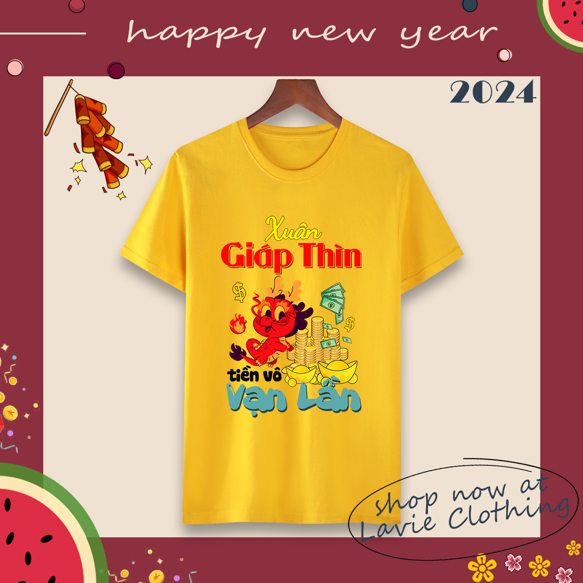 Áo thun tết nguyên đán giáp thìn 2024 in hình " XUÂN GIÁP THÌN TIỀN VÔ VẠN LẦN " chất vải mềm mịn thoáng mát - UTET47 - Lavie Clothing