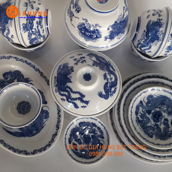 Bộ bát đĩa thờ đầy đủ men lam rồng phượng