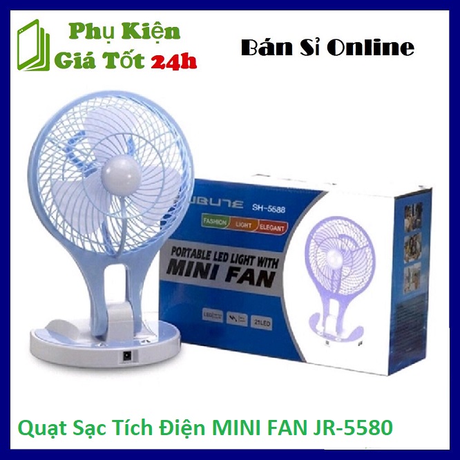 Quạt Sạc Mini Đèn Led 2 Chế Độ Sáng - Quạt Sạc Tích Điện MINI FAN JR-5580 -DC2190 Giao màu ngẫu nhiên
