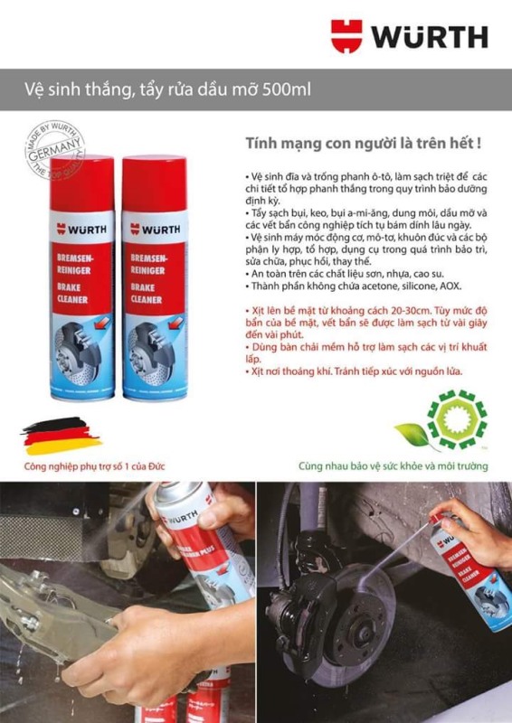 Chai xịt vệ sinh thắng , tẩy rữa dầu mỡ ( WURTH Brake Cleaner 500ml )