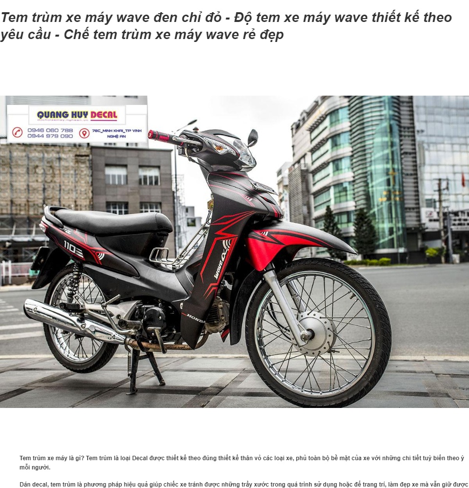 Tem trùm xe máy wave đen chỉ đỏ - Độ tem xe máy wave thiết kế theo yêu cầu - Chế tem trùm xe máy wave rẻ đẹp