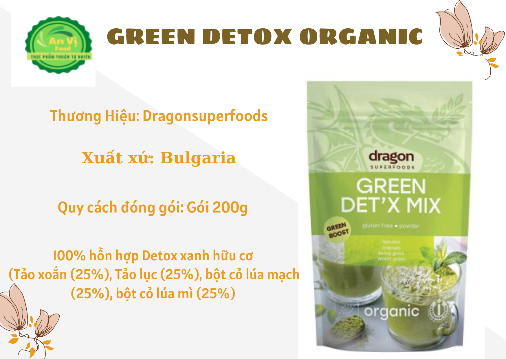 Bột thải độc Hữu Cơ Green Detox Organic (Spirulina, Chlorella, Cỏ Lúa Mì, Cỏ Lúa Mạch) 200G