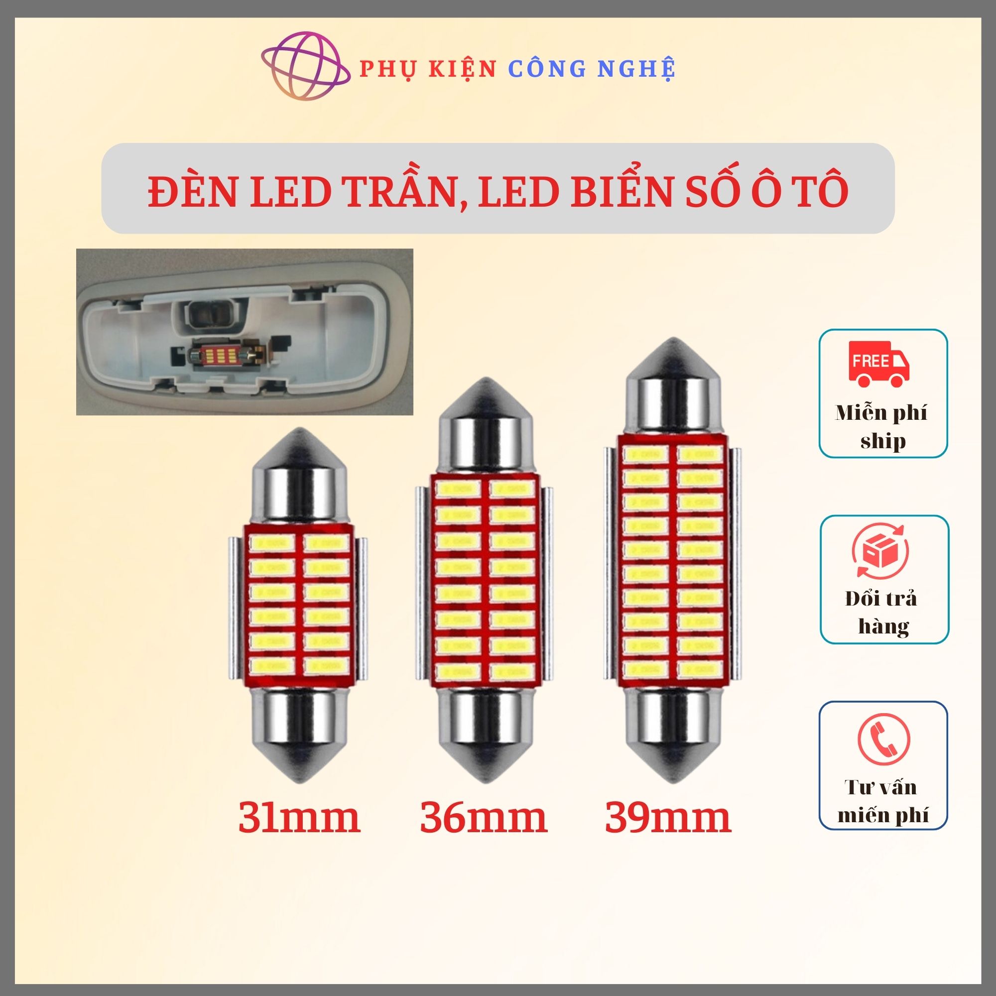 Đèn led trần xe ô tô 31 - 36 - 39mm
