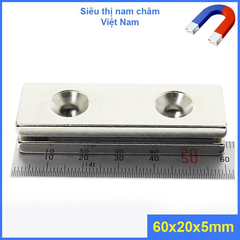 NAM CHÂM CHỮ NHẬT 60X20X5 VÁT 2 LỖ