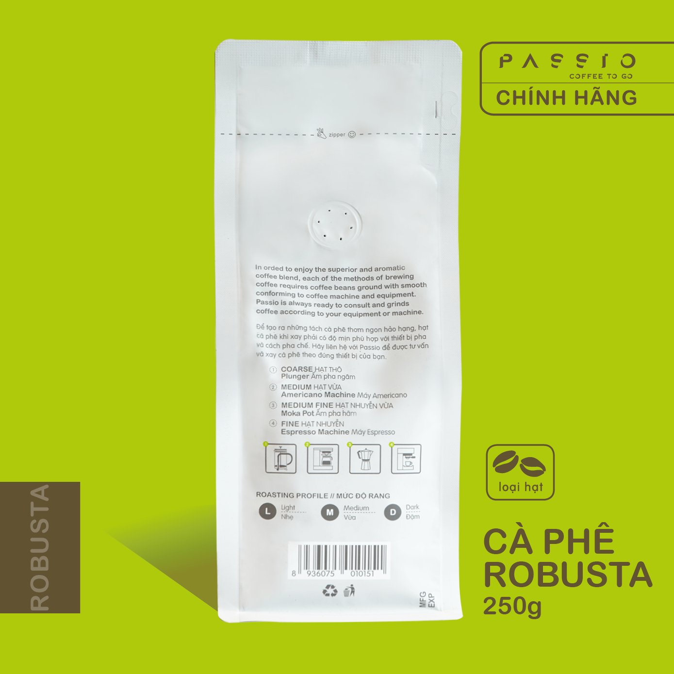 Cà phê Robusta dạng Hạt nguyên chất 100% rang mộc - Passio Coffee (250g)
