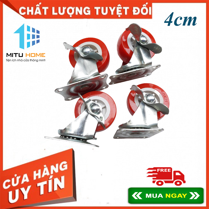 Bánh xe đẩy hàng, Bộ 4 bánh xe nhựa đỏ, bánh xe 4cm xoay 360 độ