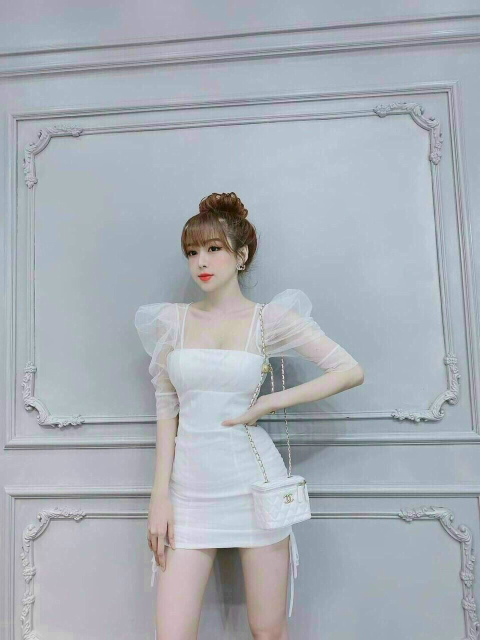 Đầm body thiết kế nhún tay phối lưới qcs