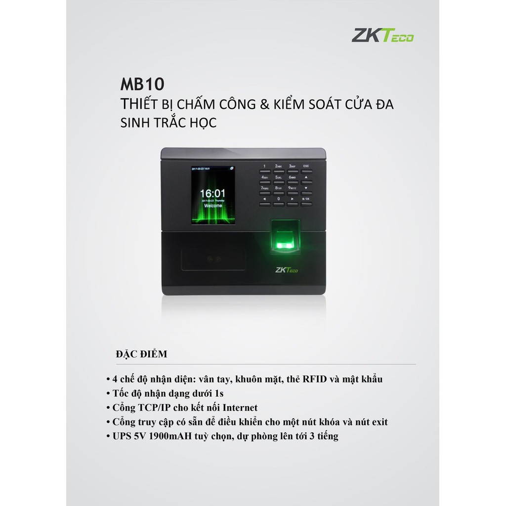 Máy chấm công Vân tay - Khuôn mặt - Thẻ ZKTECO MB10-ID