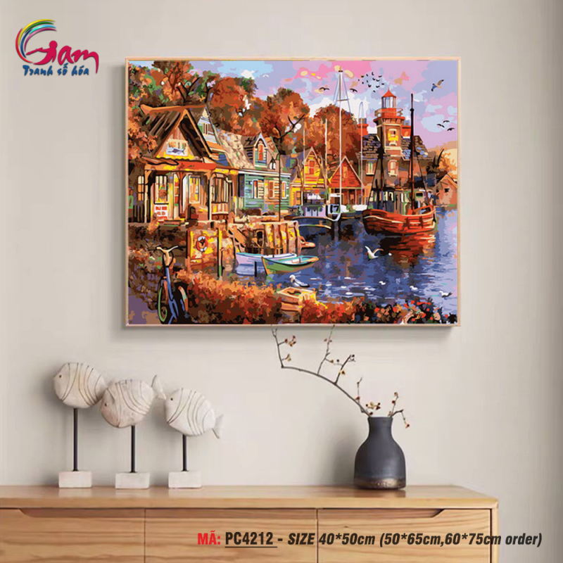 Tranh trang trí treo tường sơn dầu tự tô Gam hoàng hôn nơi bên cảng PC4212