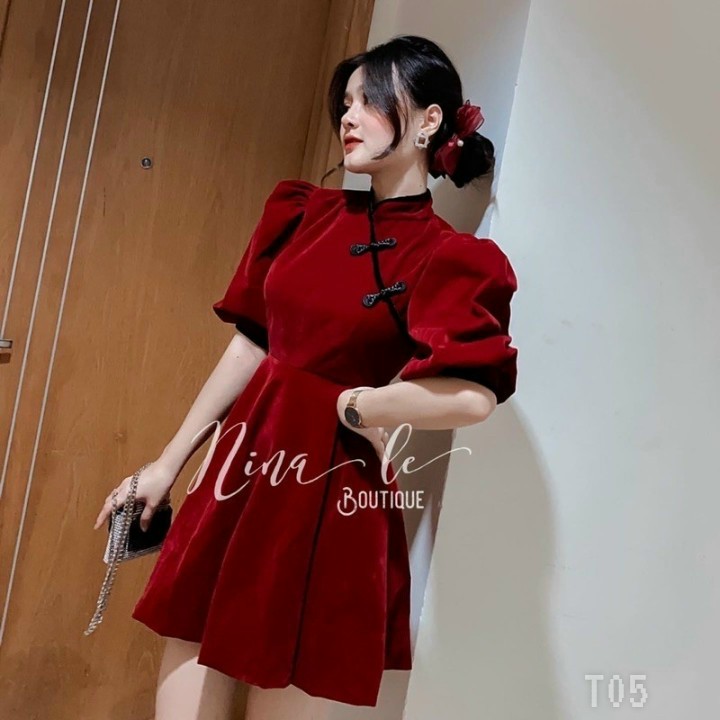 Đầm cổ tàu tay phồng-ZU#damnu