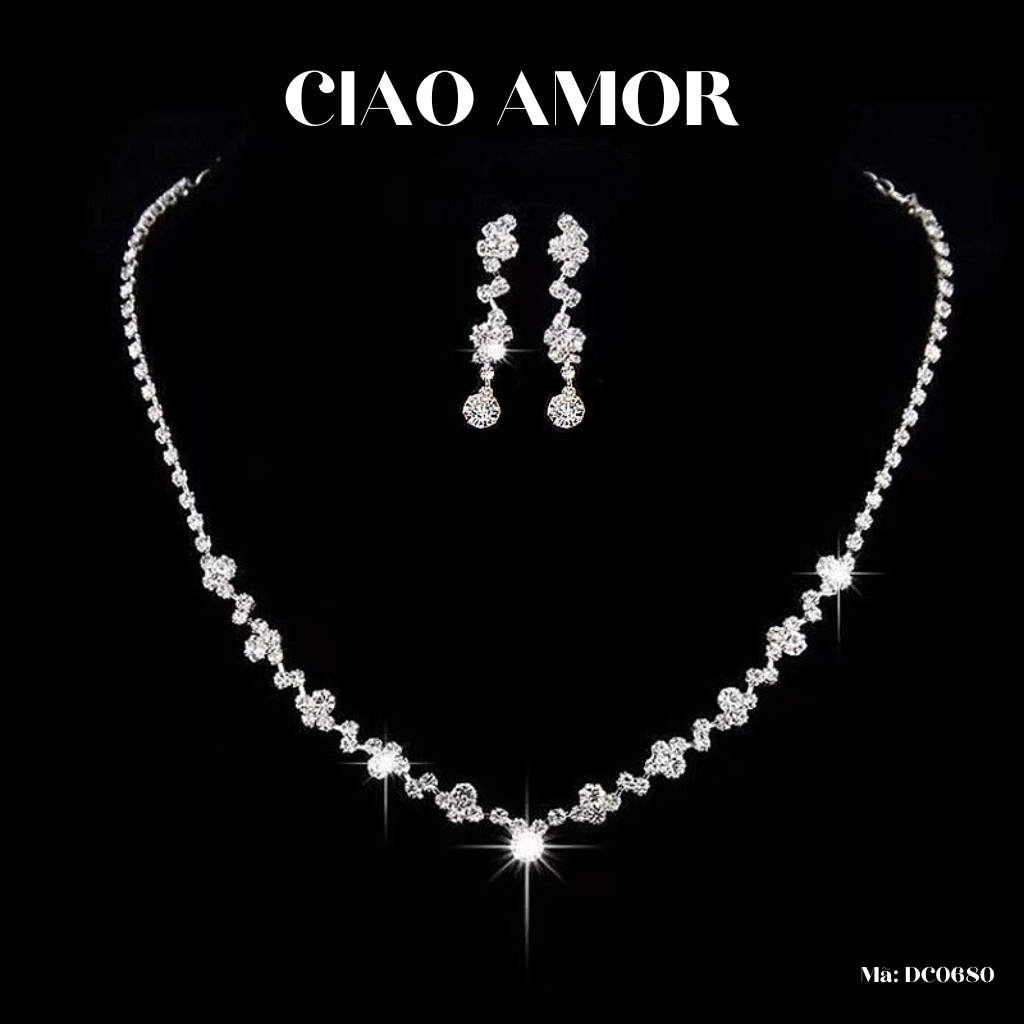 Set vòng cổ Choker đá Khuyên tai nữ hạt hoa đá dự tiệc Trang sức Ciao Amor - DC0680