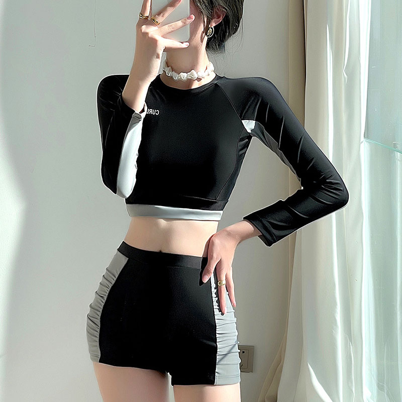 Đồ bơi xẻ tà đồ bơi nữ ngắn tay dài quần boxer đồ bơi thể thao skinny đen HOT ●9/28◈❒