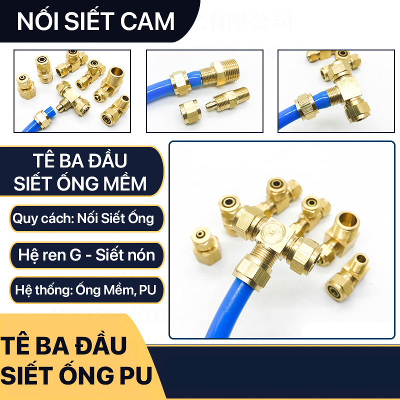 Đầu nối tê ba đầu ống mềm, nối tê ba đầu siết ống mềm - đồng thau