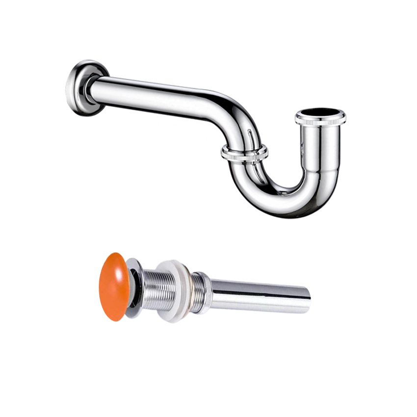 Bộ xả lavabo bằng inox mạ điện kiểu chữ P màu trắng bóng với nút nhấn xả nhiều màu sắc