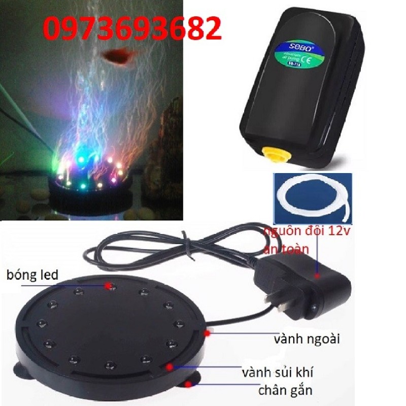 MÁY SỤC KHÍ OXY BỂ CÁ - BỘ MÁY SỦI BỌT KHÍ OXI VÀ ĐĨA SỦI CÓ ĐÈN LED NHÁY 7 MÀU