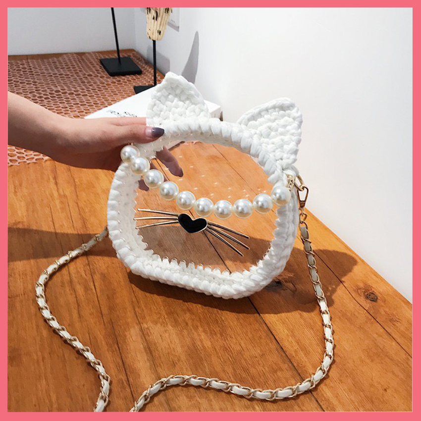 [Có Video Hướng Dẫn] Túi Len Handmade Trong Suốt Hình Mặt Mèo Cá Tính, Set Phụ Kiện Túi Tự Đan DIY Thời Trang - EB52