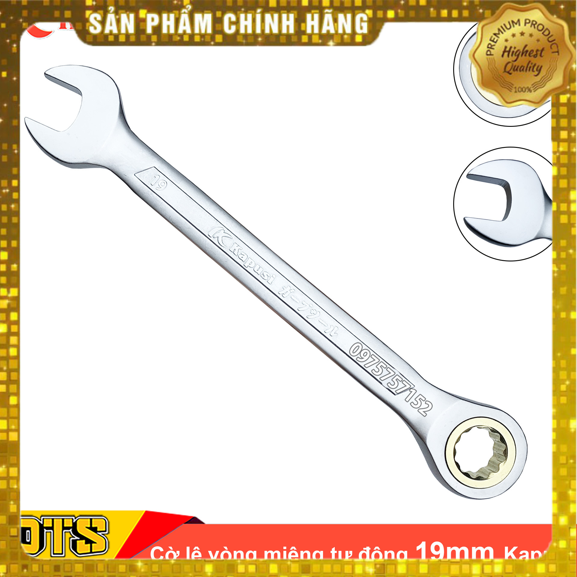 Cờ lê vòng miệng tự động 19mm Kapusi Japan, thép CR-V chịu lực cao 50BV30, đầu tròng xoay bánh cóc 72 răng - Cờ lê tự động xoay 360 độ, cờ lê bánh cóc, cờ lê tròng xoay