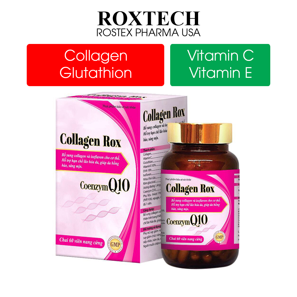 Viên uống đẹp da Collagen Rox Coenzym Q10, Viamin E C, glutathion, isoflavon tăng nội tiết tố nữ - 60 viên