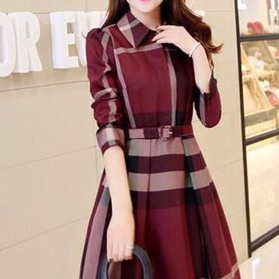Đầm xòe kẻ caro dài tay - DX01 (Đỏ đô)
