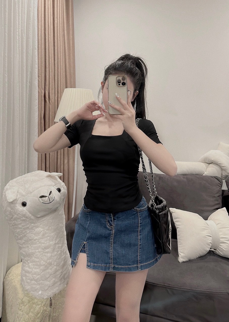 Áo thun gân dài cổ vuông ngắn tay xinh đẹp ttsla1153